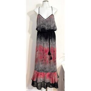 Ecru Silk Drapey Pink & Gray Tie Dye Maxi Dress Tassel Drawstring Ruffle Hem M